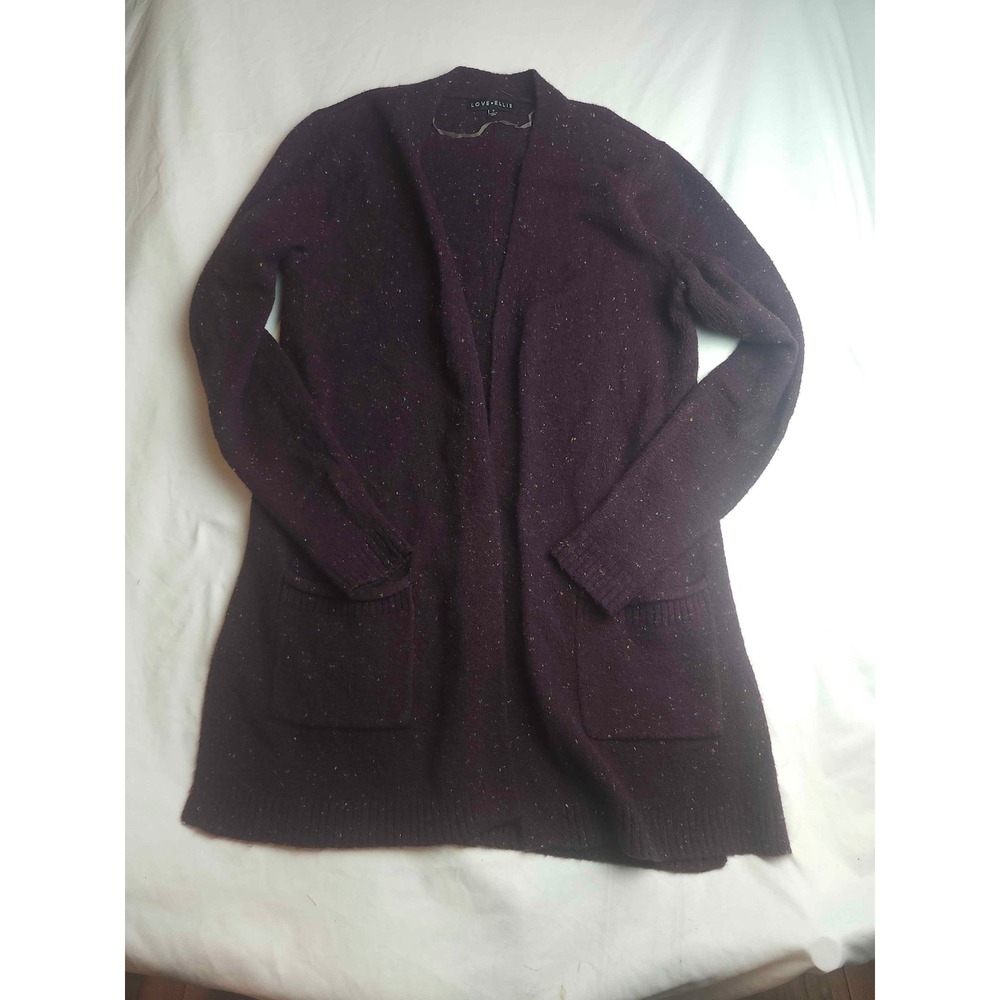 Love Ellie Purple Confetti Knit Longline Open Front Cardigan Small Womens